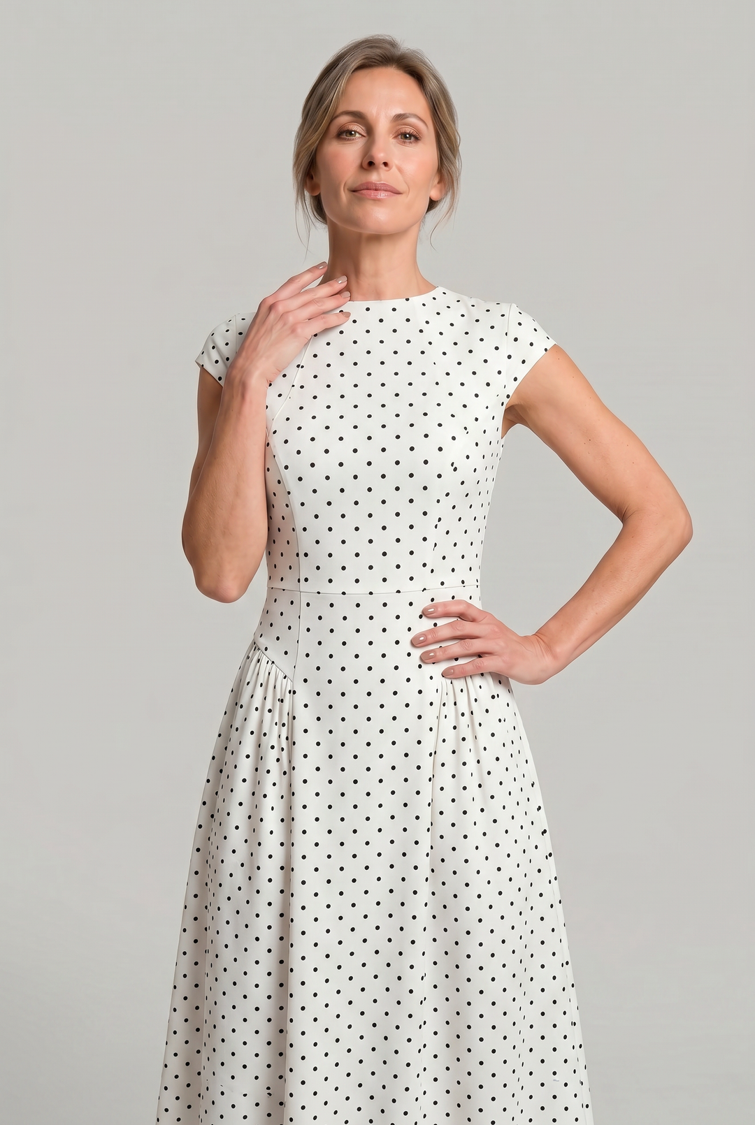 Elegant women's polka dot A-line maxi dress, ideal for garden parties & summer events. Features classic style.