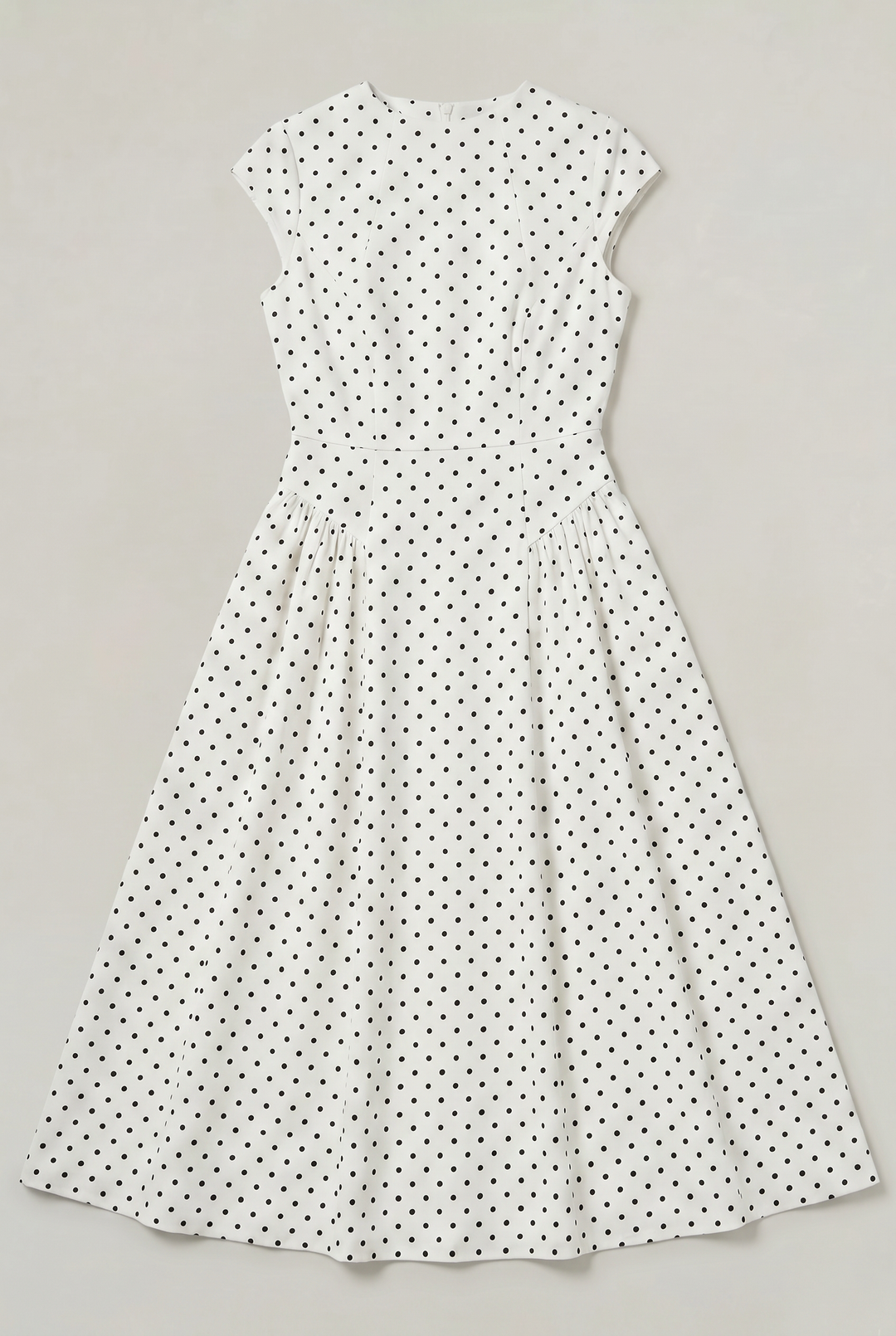 Women's classic polka dot maxi dress, A-line cut with cap sleeves & round neck. Ideal elegant summer wear.