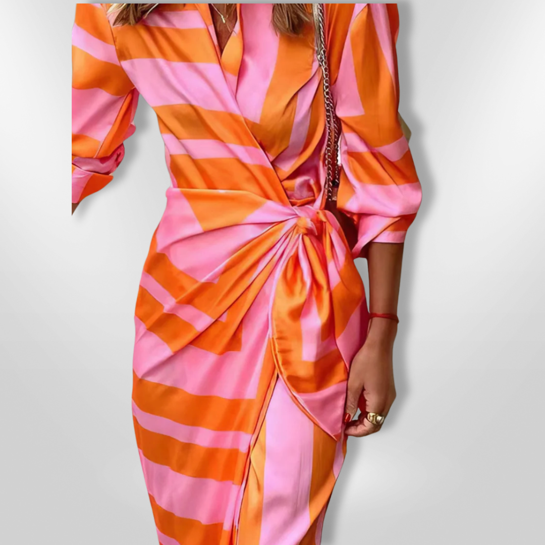 Chic & comfortable women's striped wrap maxi cocktail dress with V-neck design.