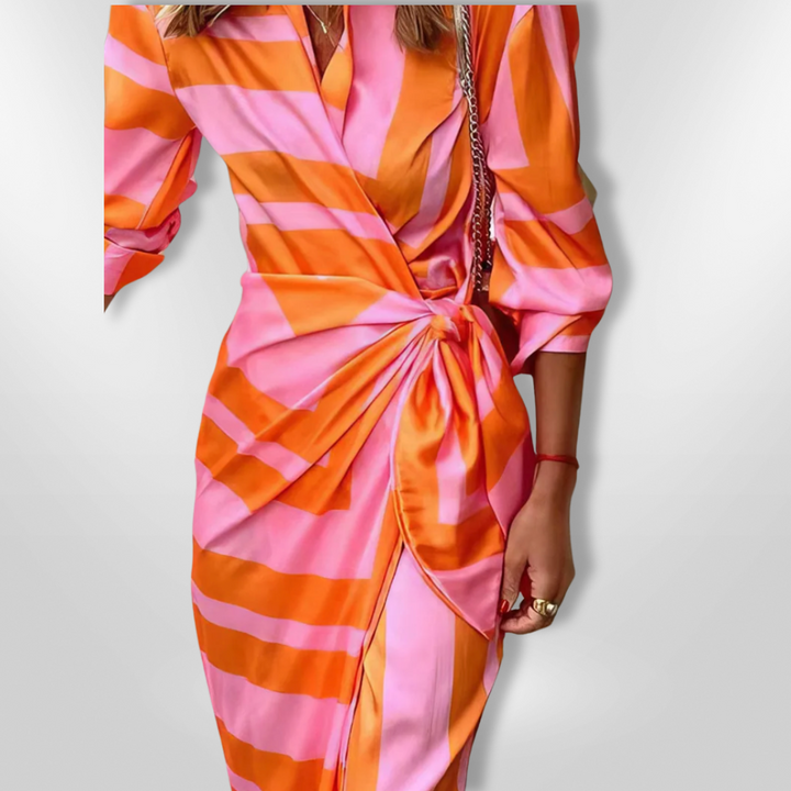 Chic & comfortable women's striped wrap maxi cocktail dress with V-neck design.