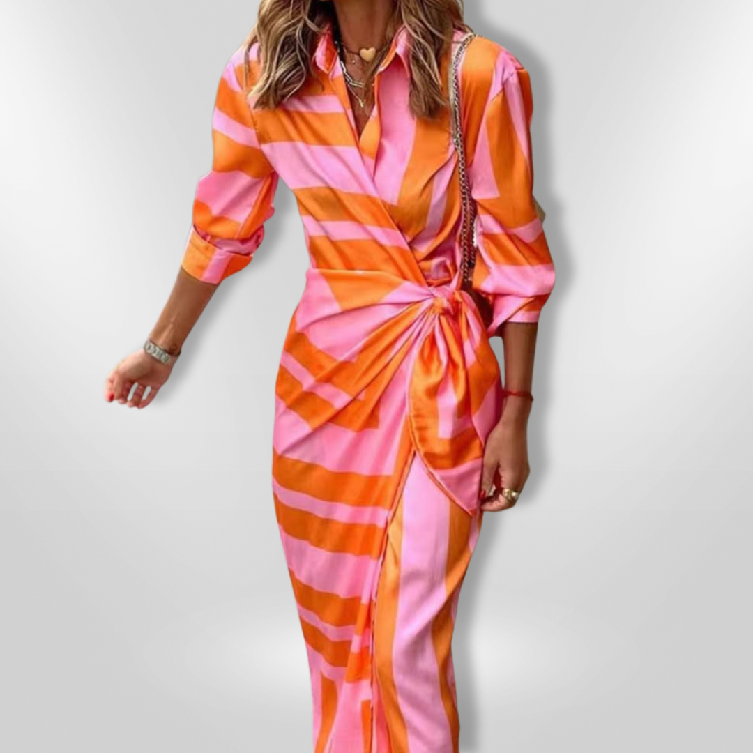 Flowing striped wrap maxi cocktail dress for women, an elegant choice for evening wear.