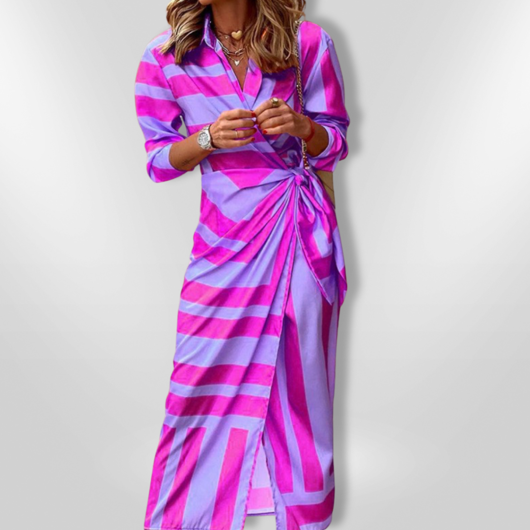 Long sleeve striped wrap maxi dress for women, a chic and elegant party dress.