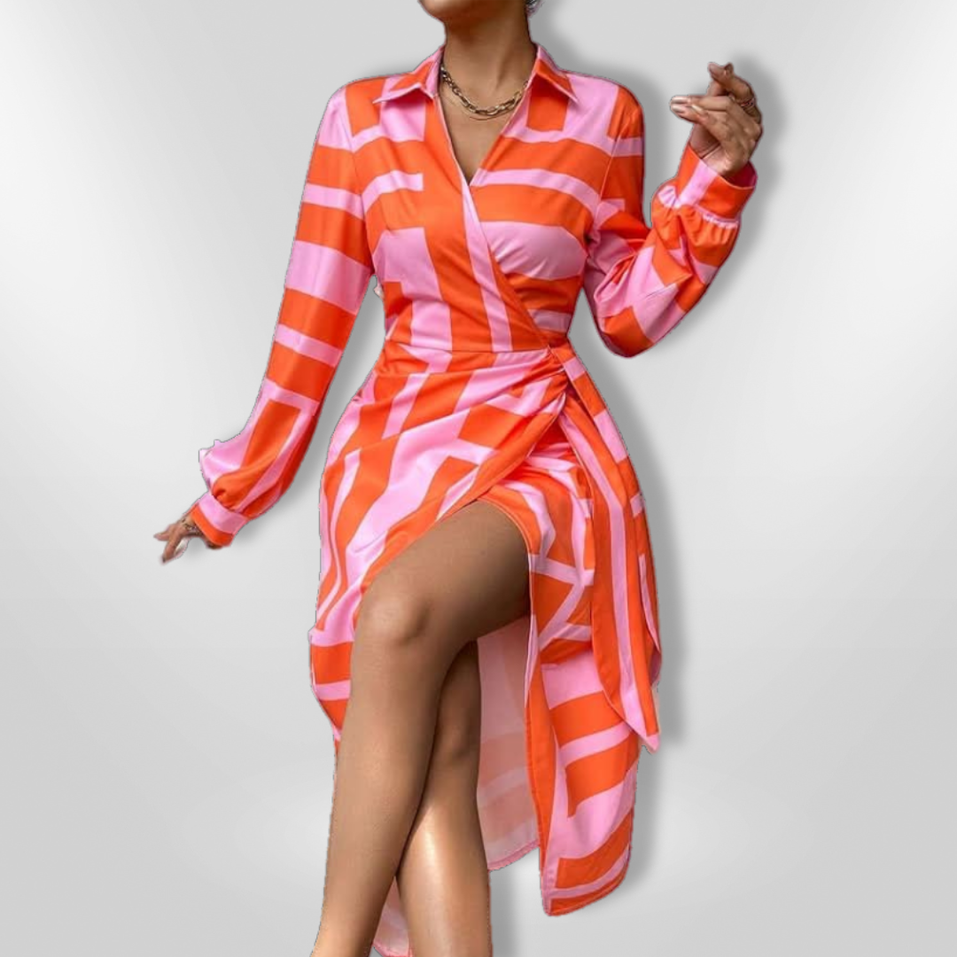 Sophisticated women's striped wrap maxi dress, an elegant choice for cocktail parties.