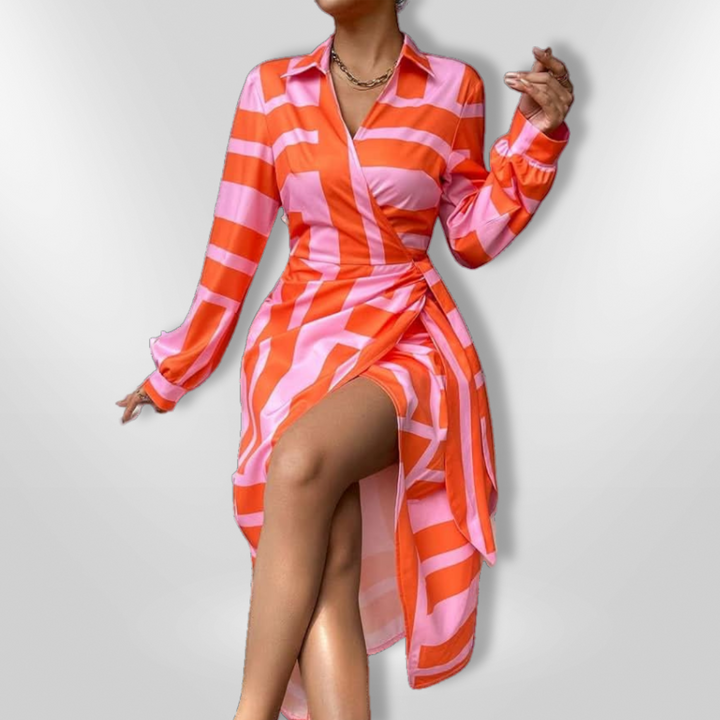 Sophisticated women's striped wrap maxi dress, an elegant choice for cocktail parties.