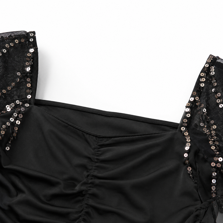 Women's stunning floor-length sequin gown, ruched detailing, and a stylish slit for formal occasions.