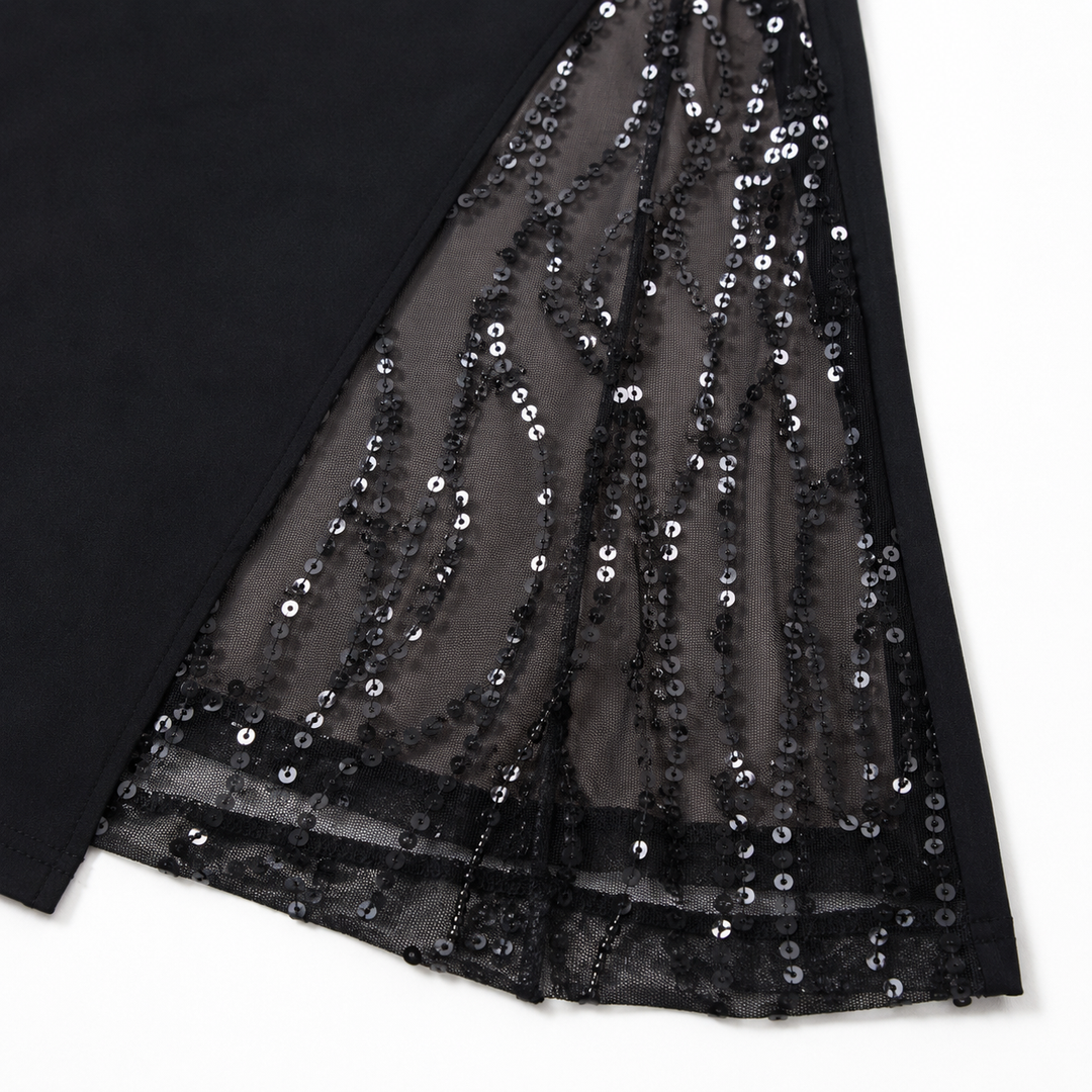 Glamorous sequin cocktail dress with ruched details and a graceful slit, ideal for special nights.