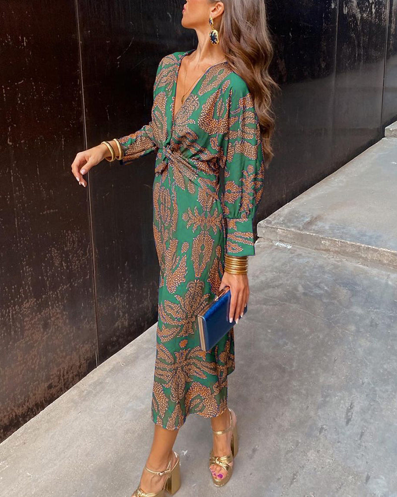 Sophisticated women's printed midi cocktail dress, V-neck, great for evening fashion & special events.
