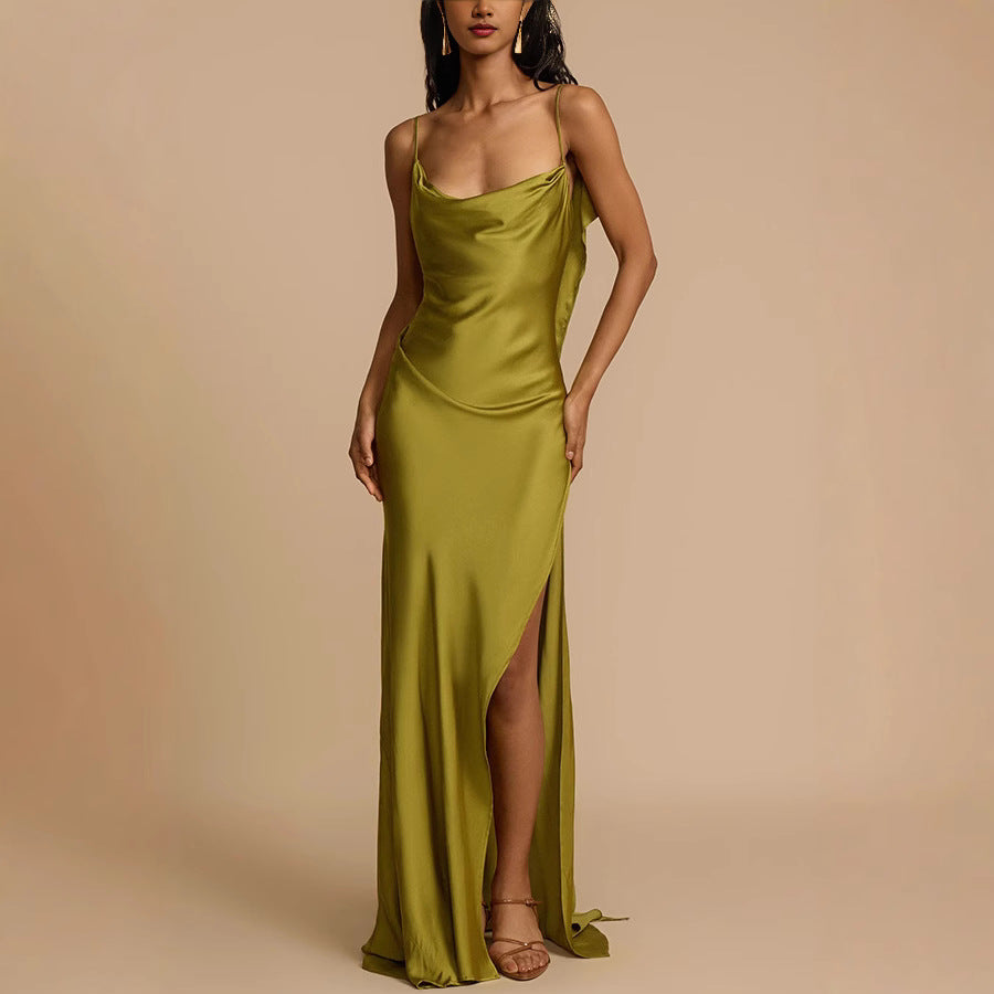 Elegant women's olive green cowl neck slip maxi dress, perfect for formal events & special occasions.