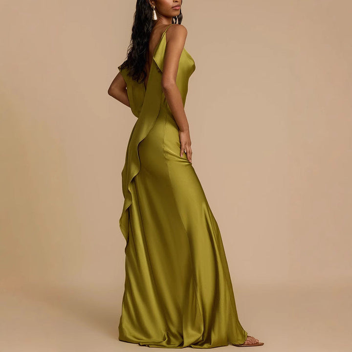 Polished olive green women's maxi slip dress with a stylish cowl neck, ideal for evening wear & races outfits.
