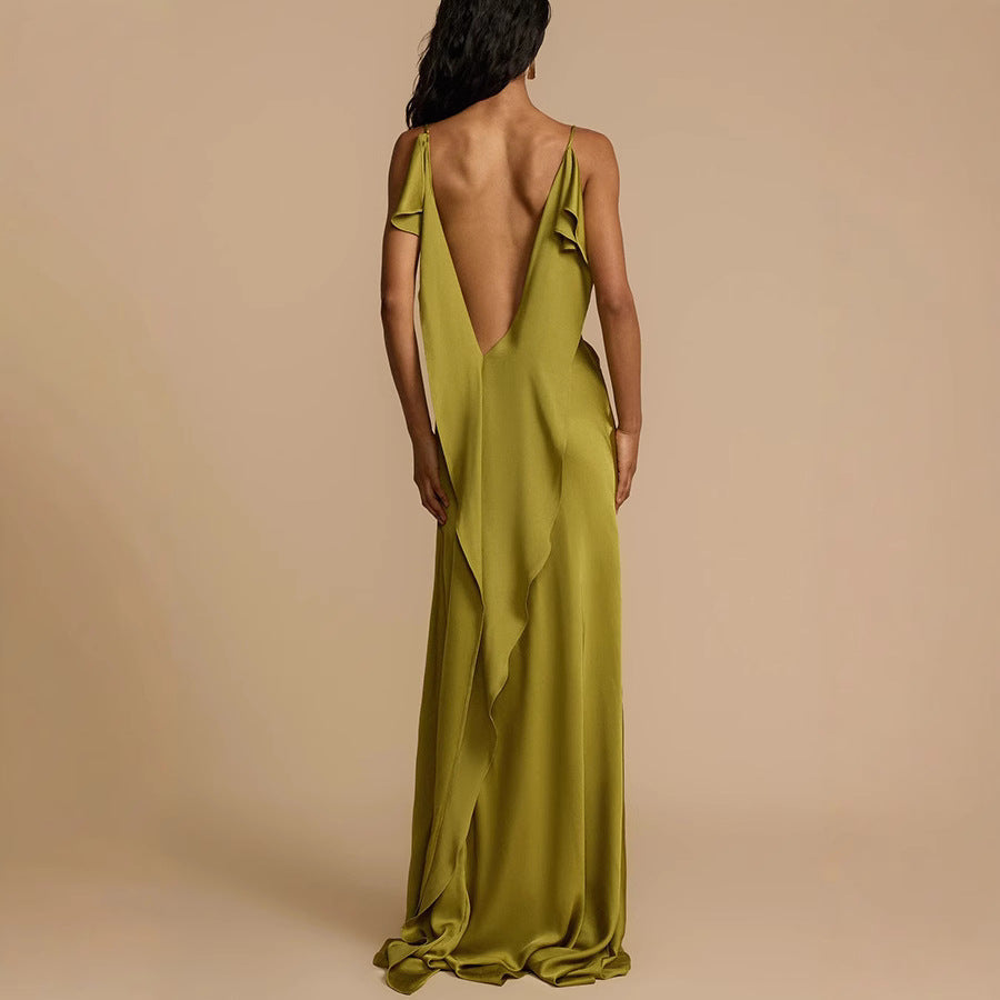 Long olive green slip dress for women, featuring a sophisticated cowl neck, suitable for cocktails & formal events.