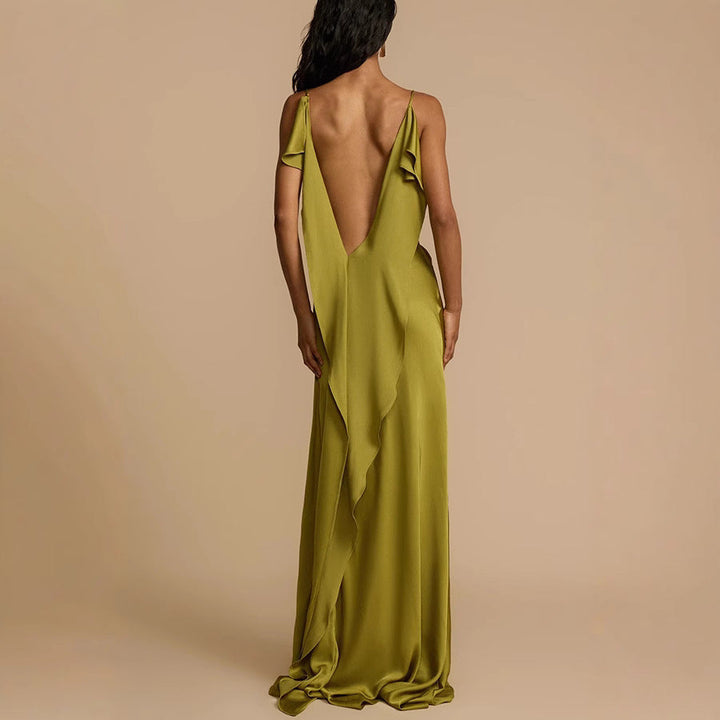 Long olive green slip dress for women, featuring a sophisticated cowl neck, suitable for cocktails & formal events.