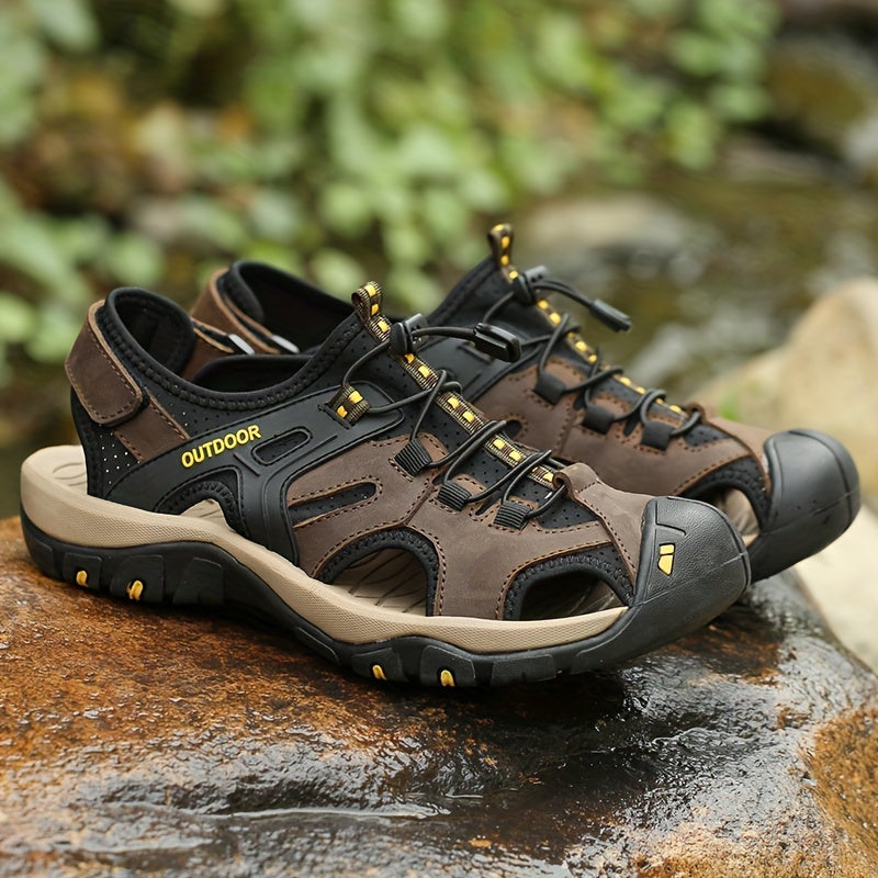 Orthopedic men's closed-toe hiking sandals designed for all-day comfort and stability on trails.