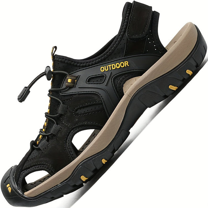 Men's closed-toe hiking sandals for outdoor trail adventures, featuring comfort, support & protection.