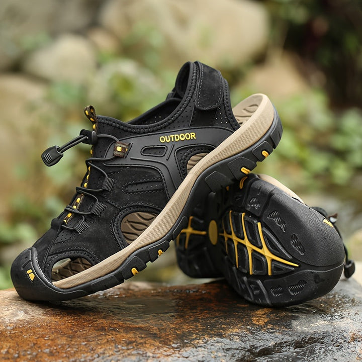 Rugged men's orthopedic closed-toe hiking sandals providing stability and comfort for outdoor trails.