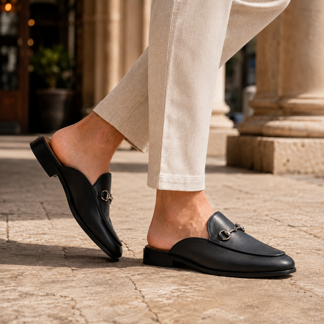 Supportive men's orthopedic mules, easy slip-on style, enhanced with a refined horsebit accent.