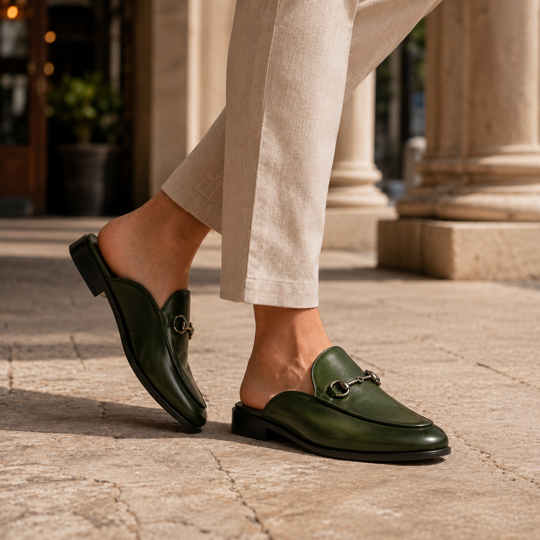 Dressy yet comfortable men's mules. Slip-on design with a polished horsebit for smart-casual elegance.