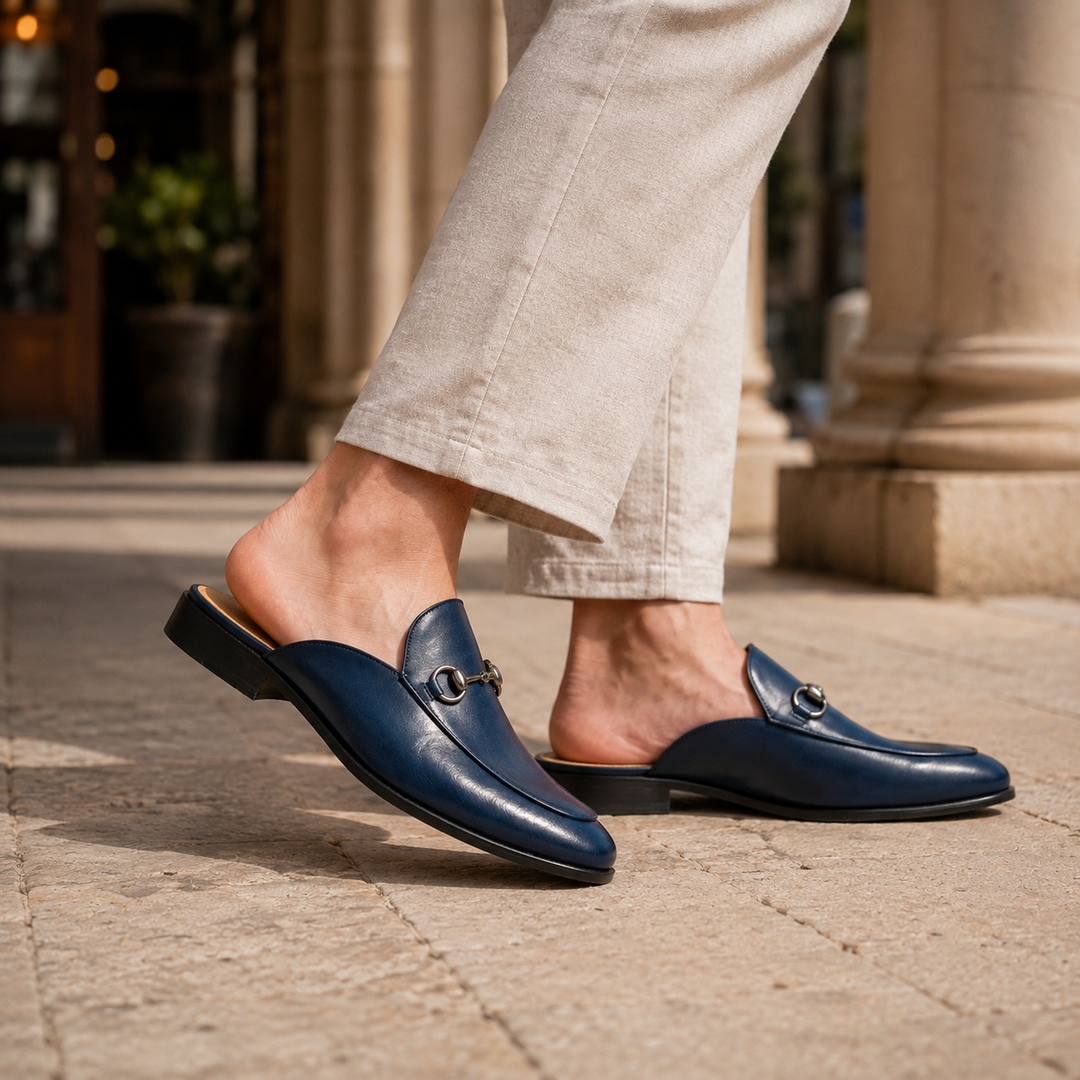 Close-up of men's refined orthopedic mule, showcasing the quality and unique horsebit embellishment.