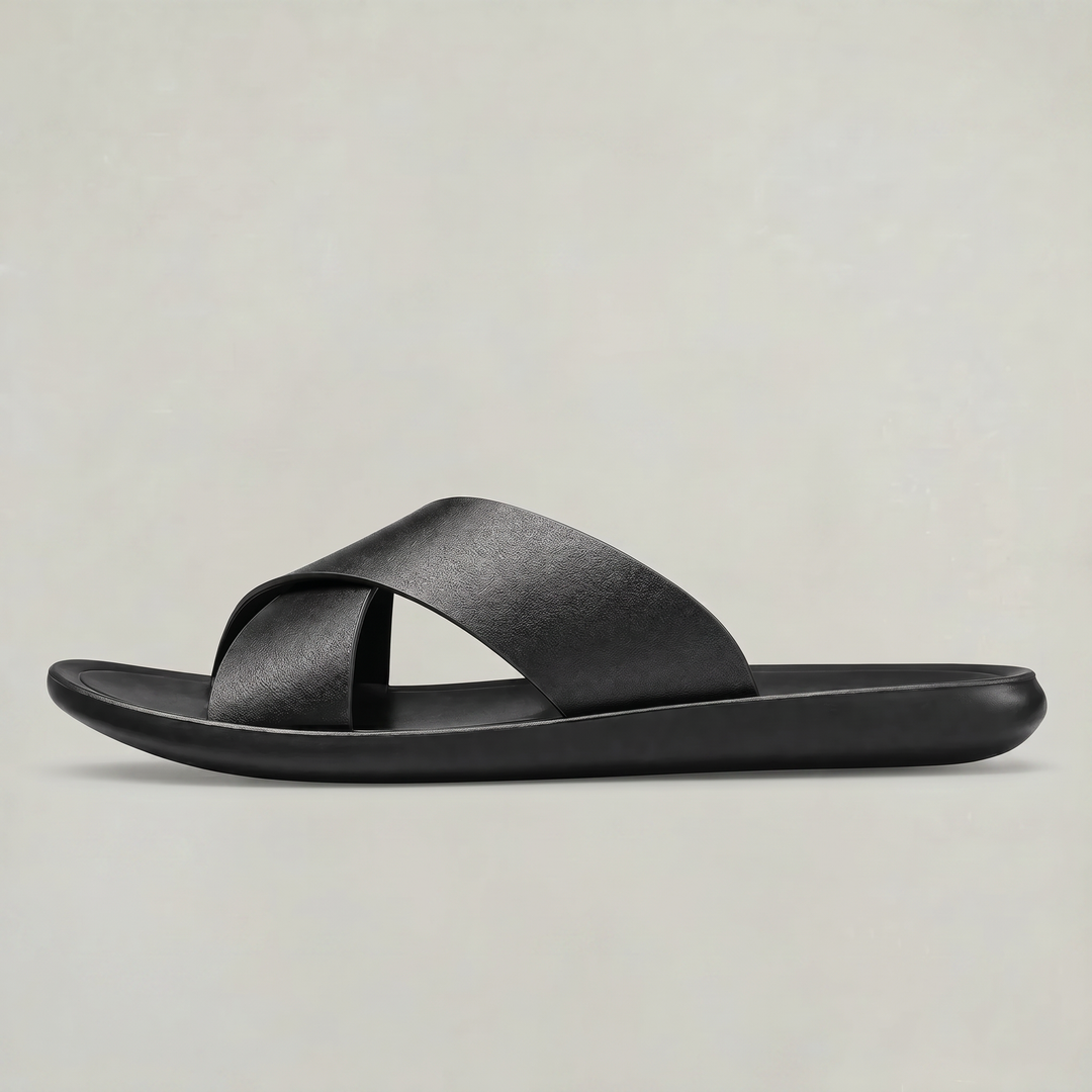 Men's black relaxed cross strap slides for everyday comfort & casual wear. Cushioned slip-on sandals.