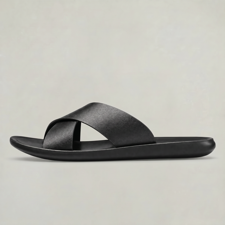 Men's black relaxed cross strap slides for everyday comfort & casual wear. Cushioned slip-on sandals.