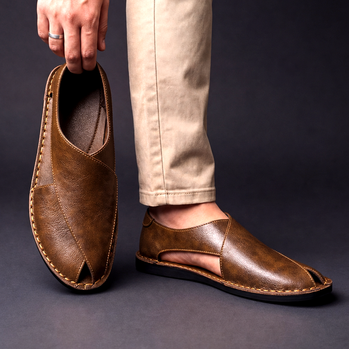 Men's classic stitched fisherman sandals. Tan leather, open-toe design for comfortable summer casual wear.