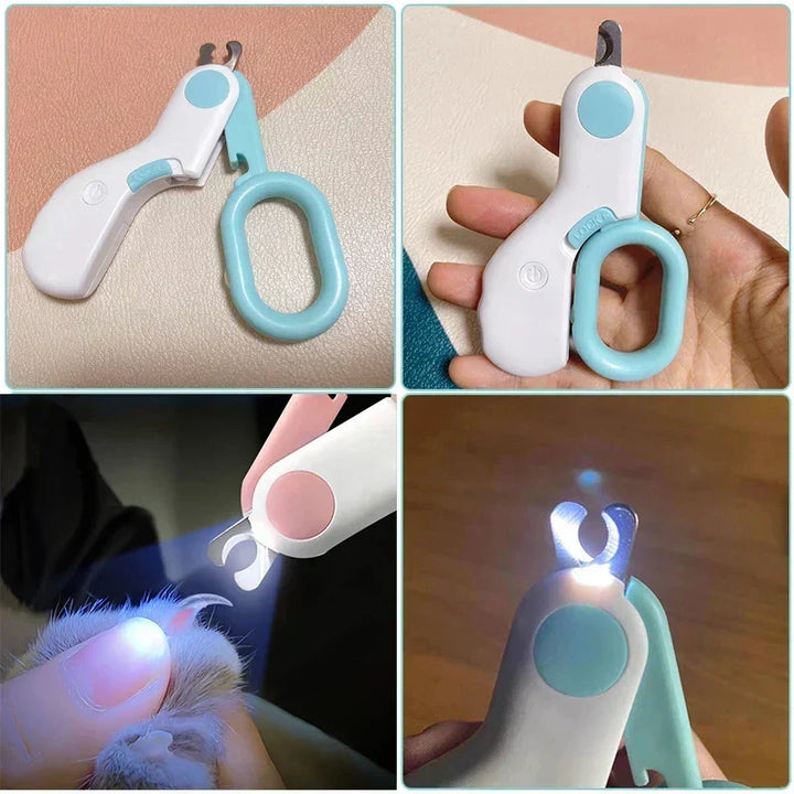 Pet grooming tool: LED nail clippers for safe paw care of dogs, cats & other animals.