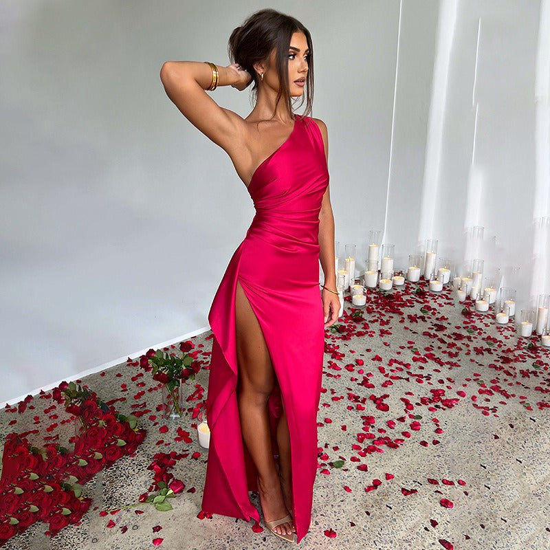 Women's elegant long one-shoulder maxi dress in apricot. Perfect party dress, club wear, or special occasion fashion.