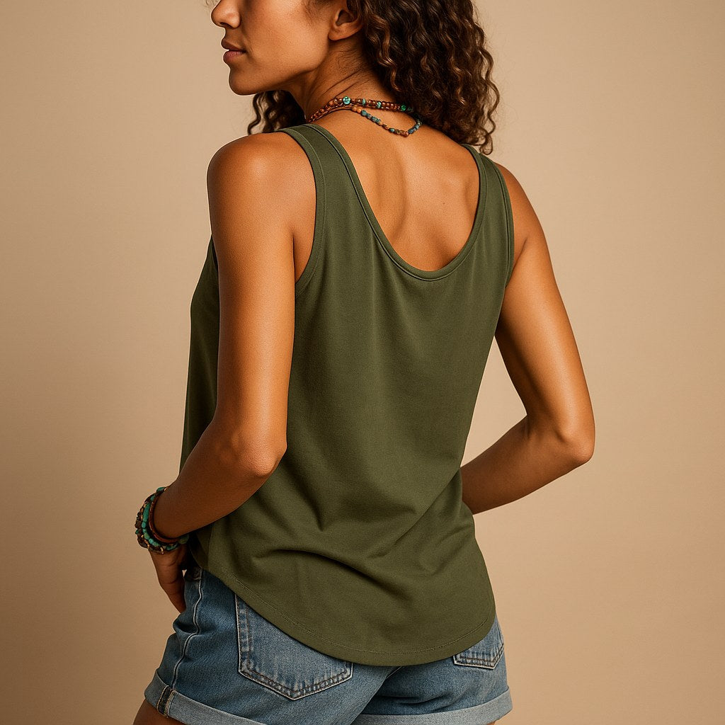 Versatile women's relaxed fit sleeveless V-neck top featuring stylish button detail, great for everyday.