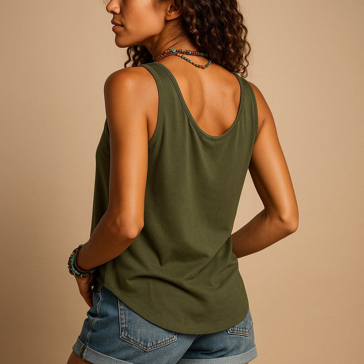 Versatile women's relaxed fit sleeveless V-neck top featuring stylish button detail, great for everyday.