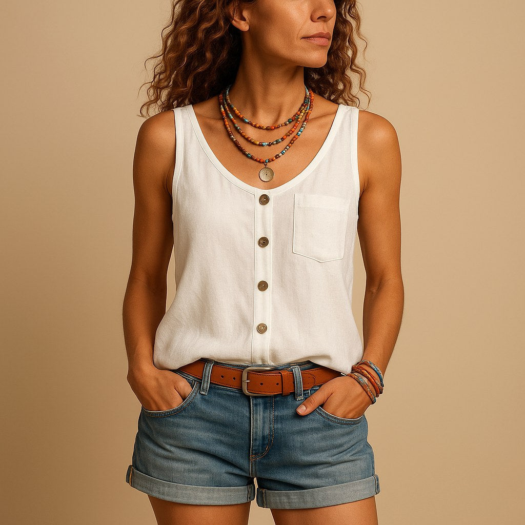Comfortable women's sleeveless V-neck top with relaxed fit and chic front button detail. Ideal casual wear.