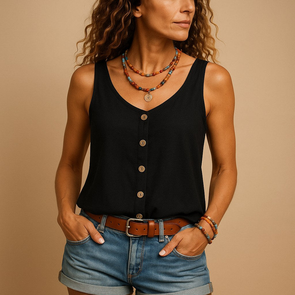 Stylish women's relaxed sleeveless V-neck top with button accents, a versatile layering piece for summer.