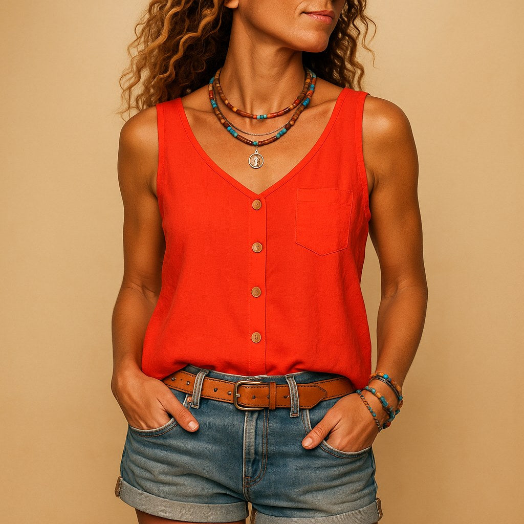 Fashionable women's relaxed sleeveless V-neck top featuring trendy button detail, perfect for summer outfits.
