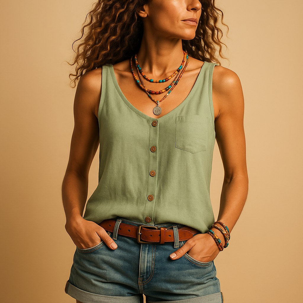 Women's relaxed V-neck sleeveless top with decorative button detail, a comfortable and stylish summer essential.