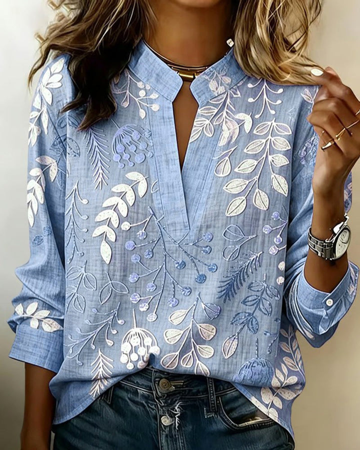 Stylish women's floral V-neck blouse, ideal for office, casual outings, or elegant spring events.
