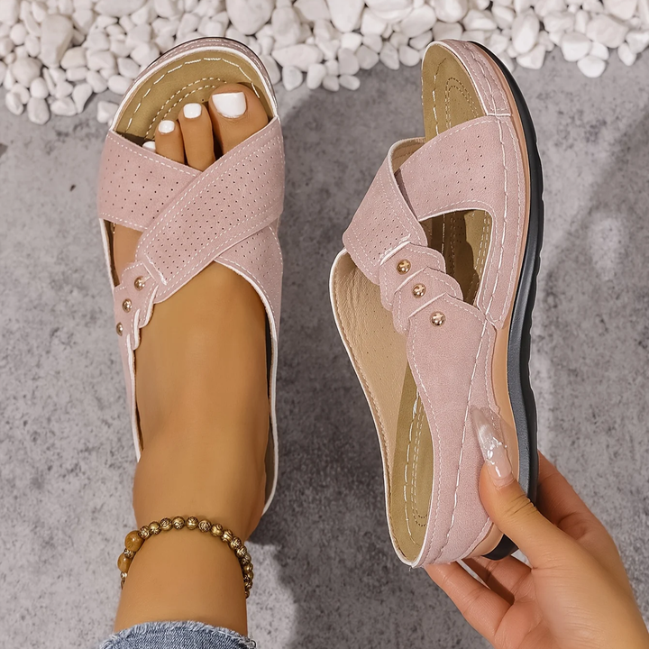 Summer women's sandals with arch support & platform heel. Comfortable crossover straps.