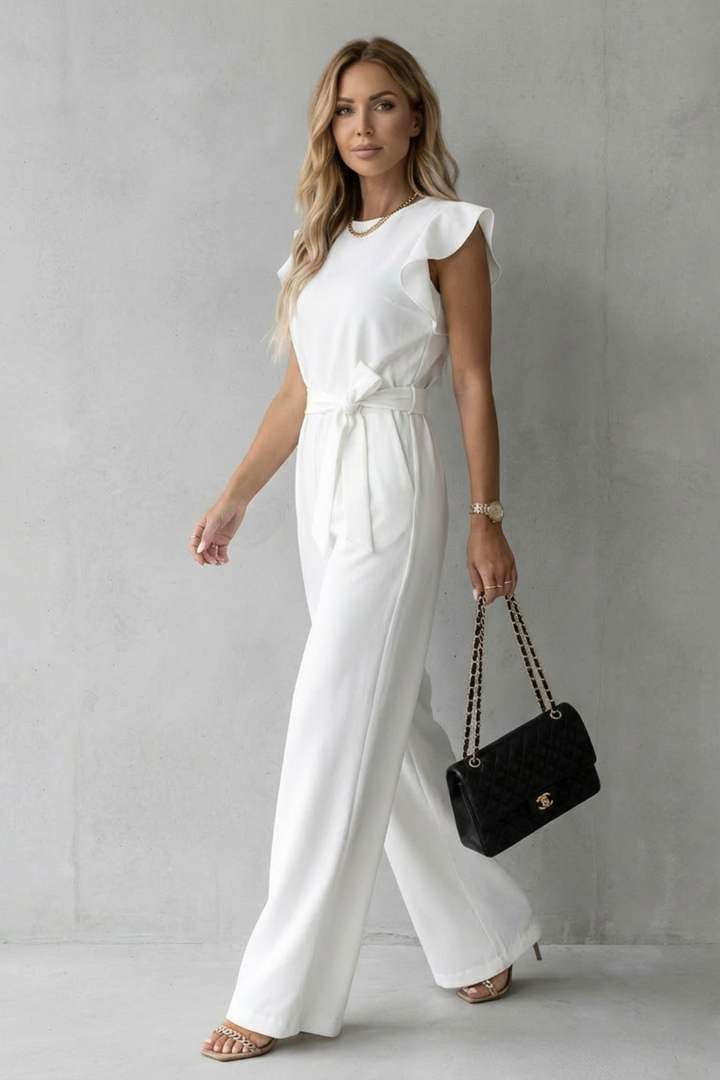 Sophisticated women's jumpsuit with wide legs & ruffles, ideal for office wear, parties, or elegant evenings.
