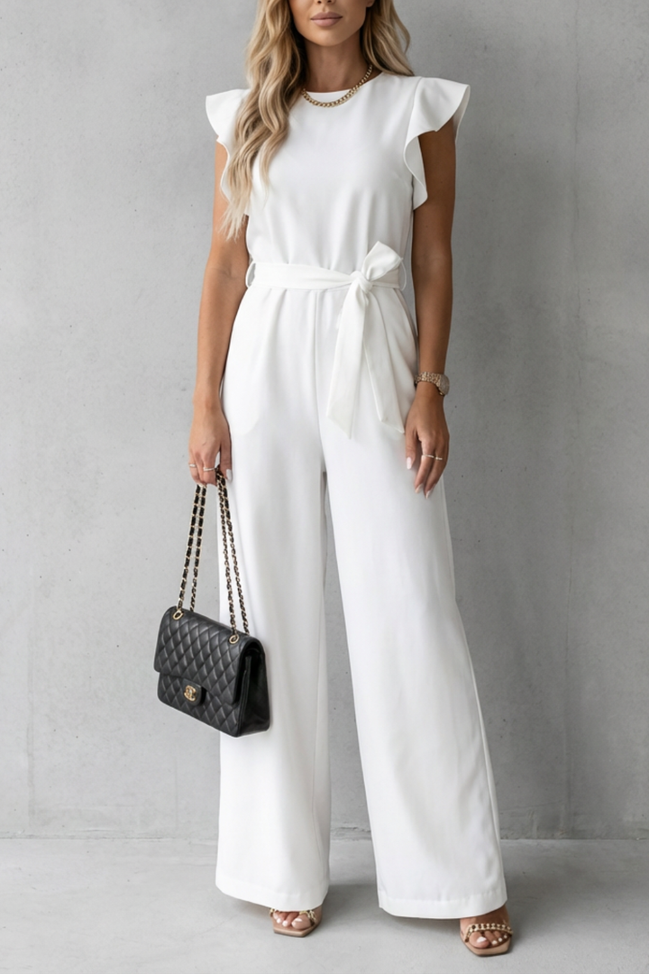 Fashionable women's one-piece jumpsuit: wide leg, ruffle sleeve, & flattering belt. Chic & versatile style.