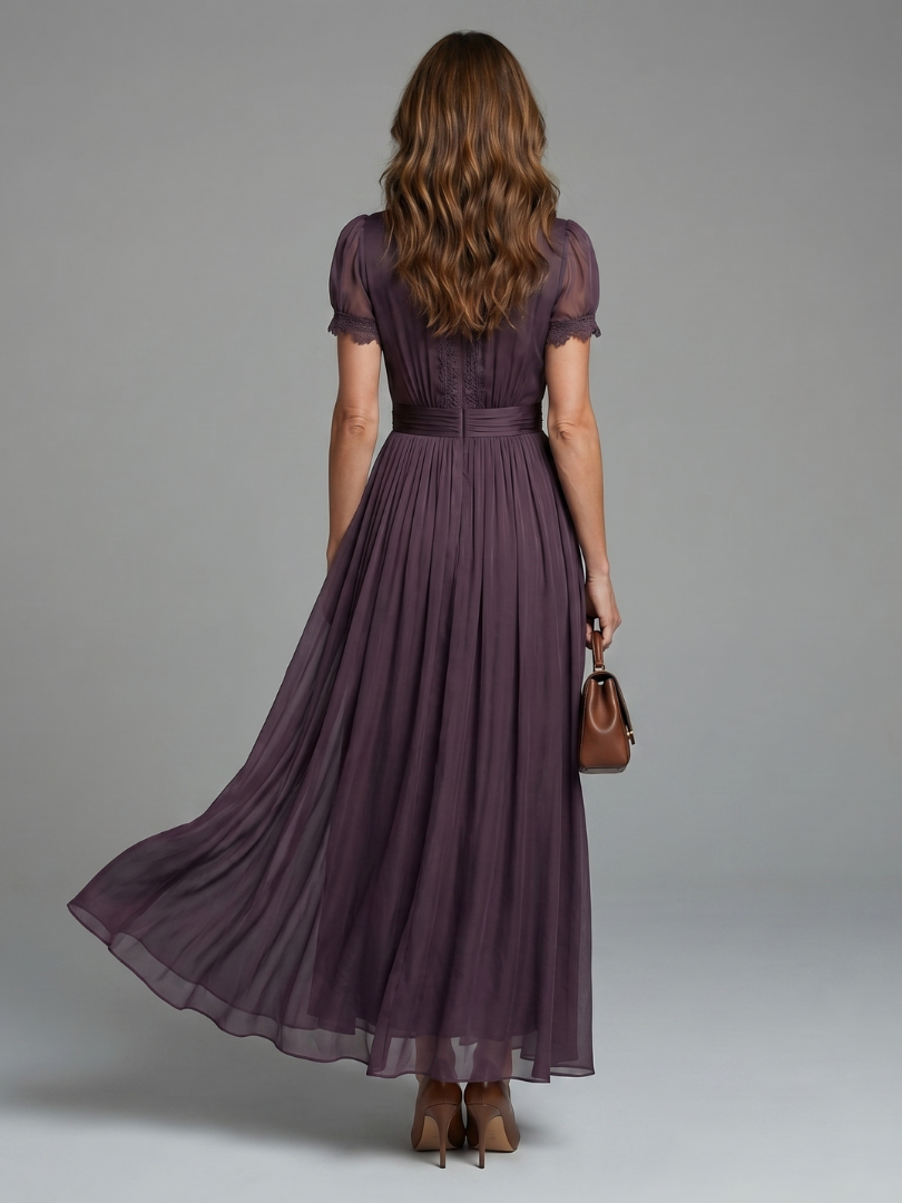 Stylish women's dark purple maxi dress with sheer sleeves & pleated waist, perfect elegant fashion for parties.