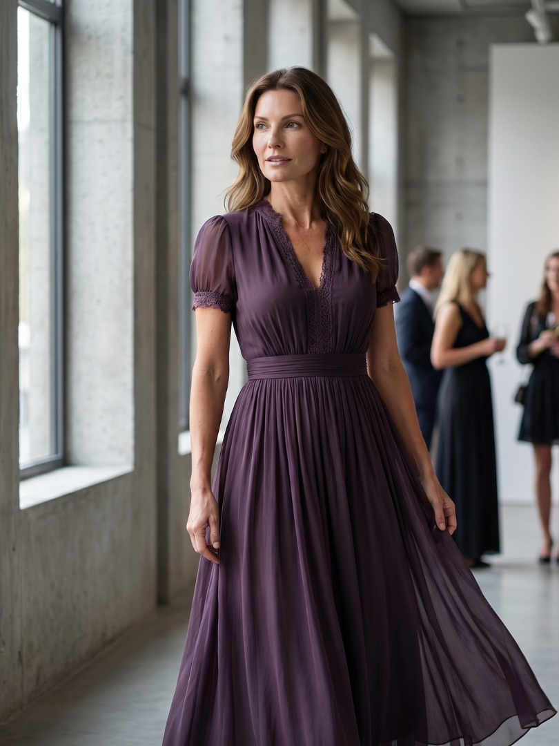Formal dark purple women's dress with delicate sheer sleeves and a flattering pleated waist, perfect evening wear.