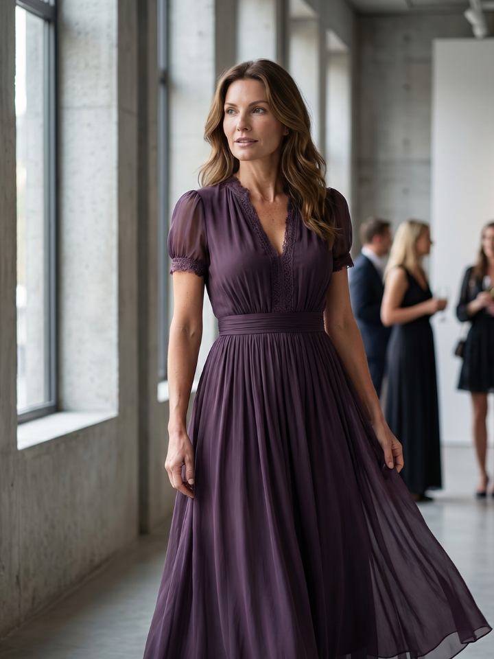 Formal dark purple women's dress with delicate sheer sleeves and a flattering pleated waist, perfect evening wear.