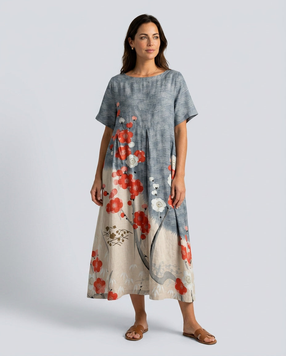 Elegant floral boho maxi dress for women, ideal for casual summer days or vacation; features pleated skirt.