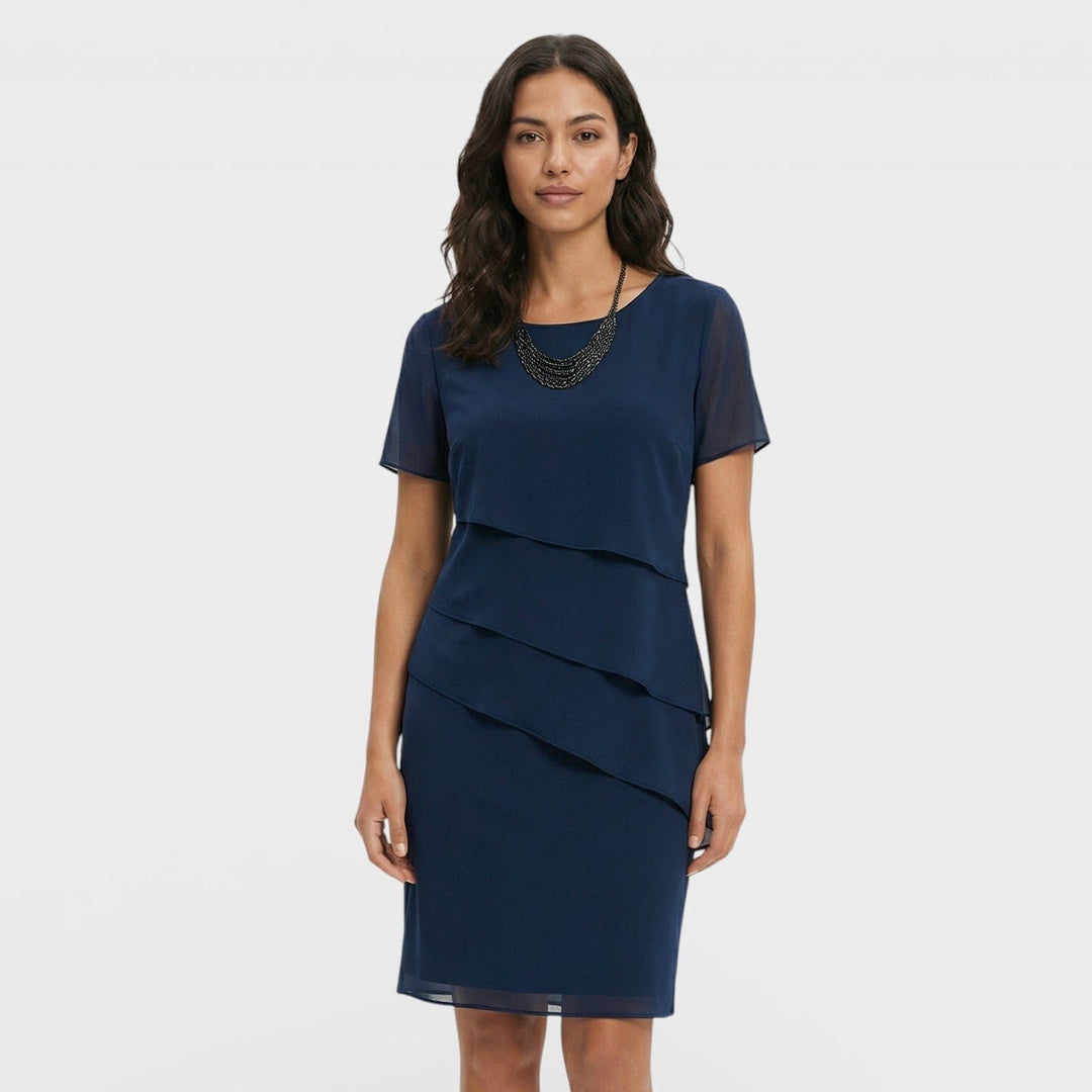 Timeless women's midi cocktail dress with graceful layered ruffles. Ideal for formal and party events.