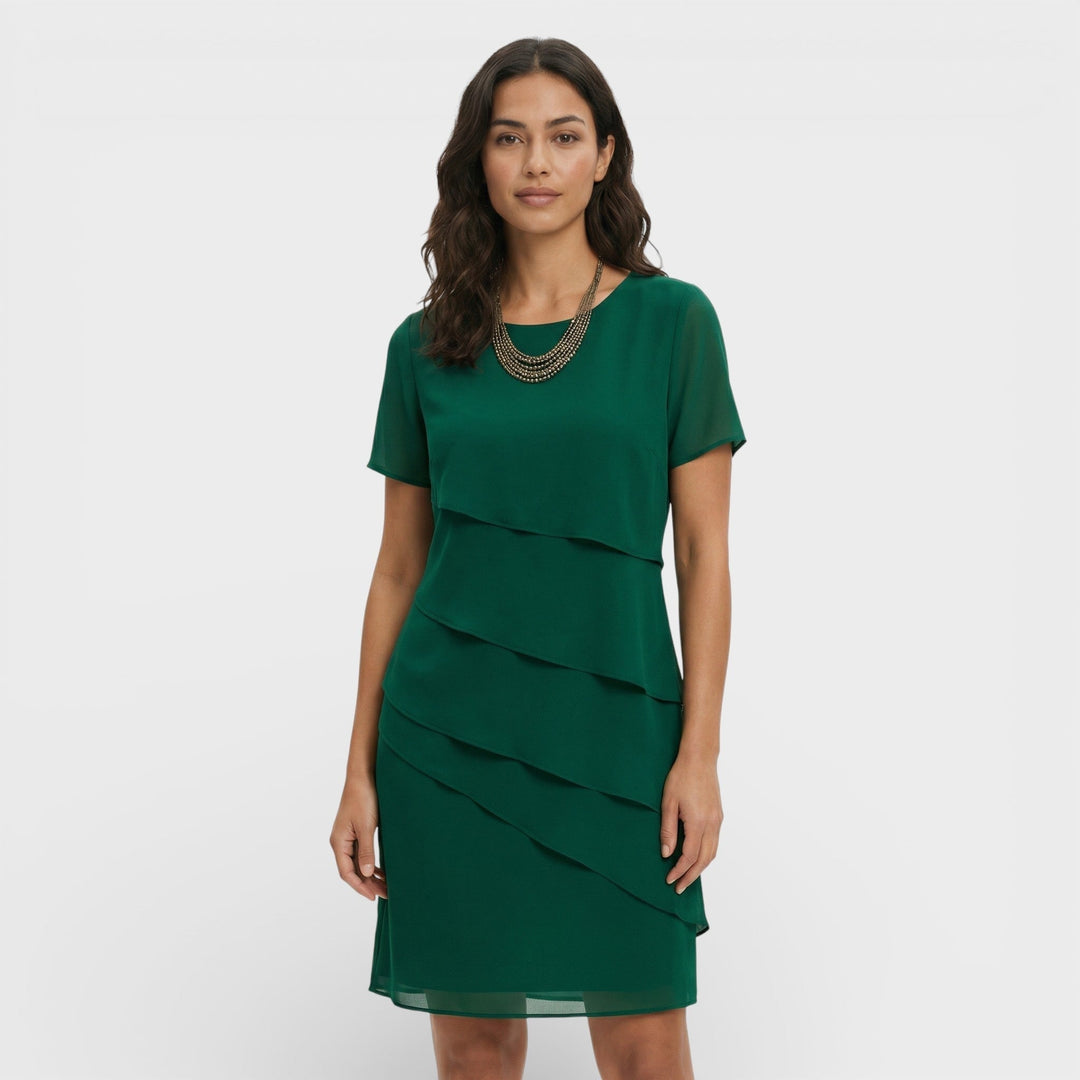 Chic women's flowy tiered midi dress with stylish ruffles. Perfect cocktail, party, or evening wear.