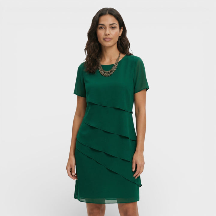 Chic women's flowy tiered midi dress with stylish ruffles. Perfect cocktail, party, or evening wear.