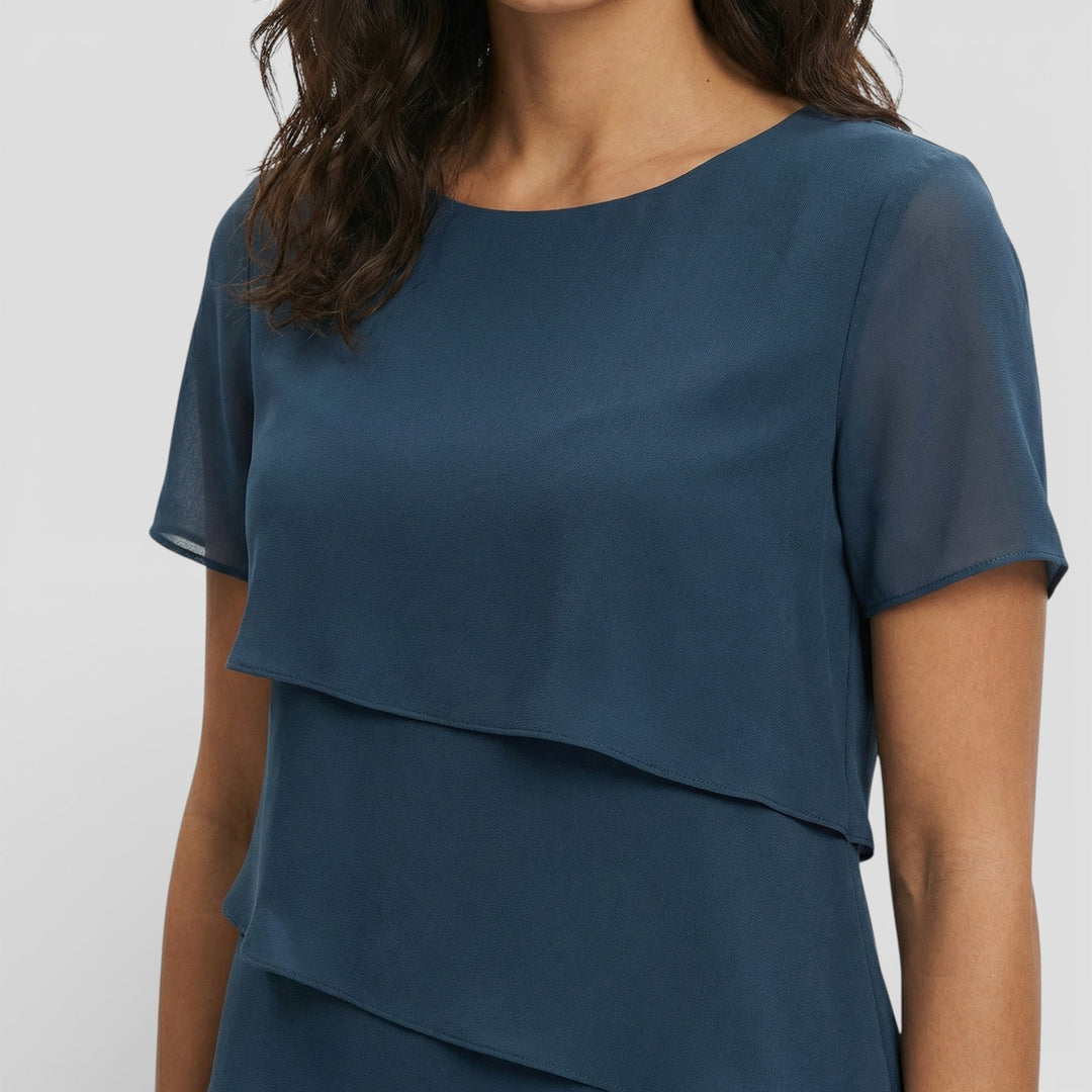 Women's formal layered ruffle midi dress. An elegant and timeless cocktail or special occasion gown.