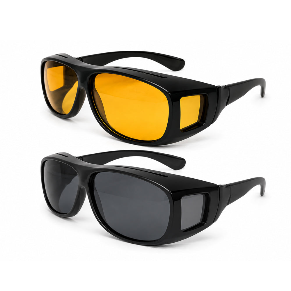 Unisex Day & Night polarized driving glasses 2-pack for enhanced vision, UV protection & glare reduction during driving.