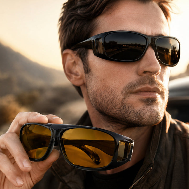 Polarized unisex driving sunglasses for daytime use, offering 100% UV protection and glare reduction for clear vision.