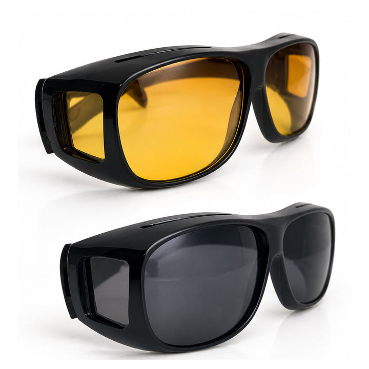 Night vision driving glasses, yellow tinted for enhanced clarity & glare reduction from headlights, improving safety.
