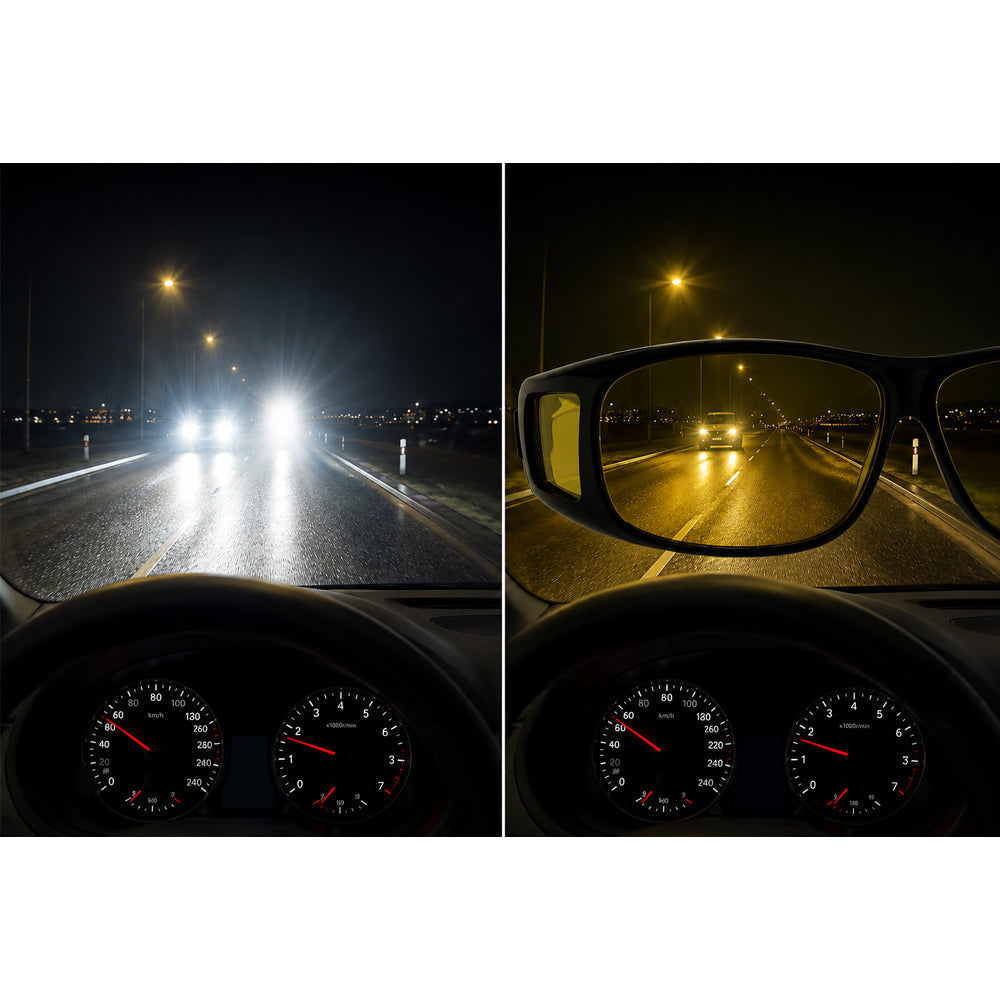 Unisex anti-glare driving glasses with UV protection. Improve visual clarity & reduce eye strain for safe day & night driving.
