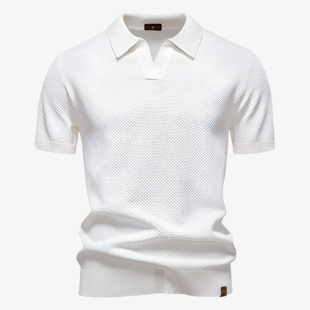 Men's V-neck short sleeve casual polo shirt in a relaxed fit for everyday summer wear.