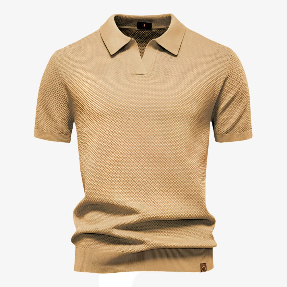 Modern men's V-neck short sleeve polo, buttonless design for casual everyday fashion.